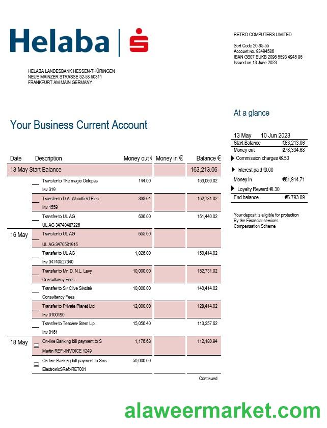 Helaba Bank firm account statement Word and PDF template